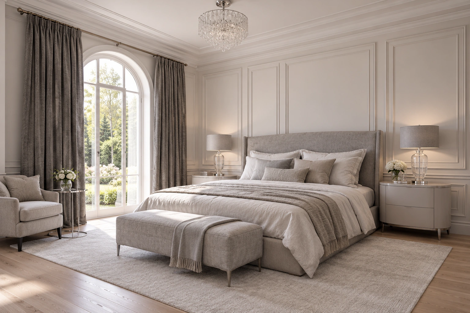 Неоклассический дом, 250 м²: основная спальня